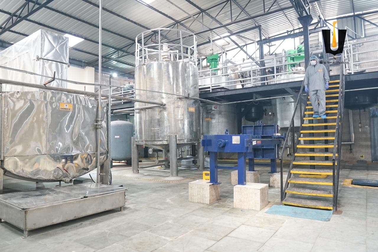 Stainless steel honey processing tanks, piping, and a technician in PPE on the mezzanine stairs