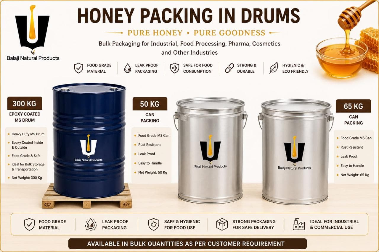 300 kg epoxy-coated drum, 50 kg can, and 65 kg can for bulk honey